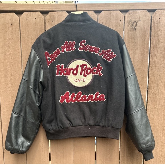 Hard Rock Cafe Atlanta Sze Med Leather Wool Jacket Blk Love Serve ALL 90's Retro - Picture 4 of 16